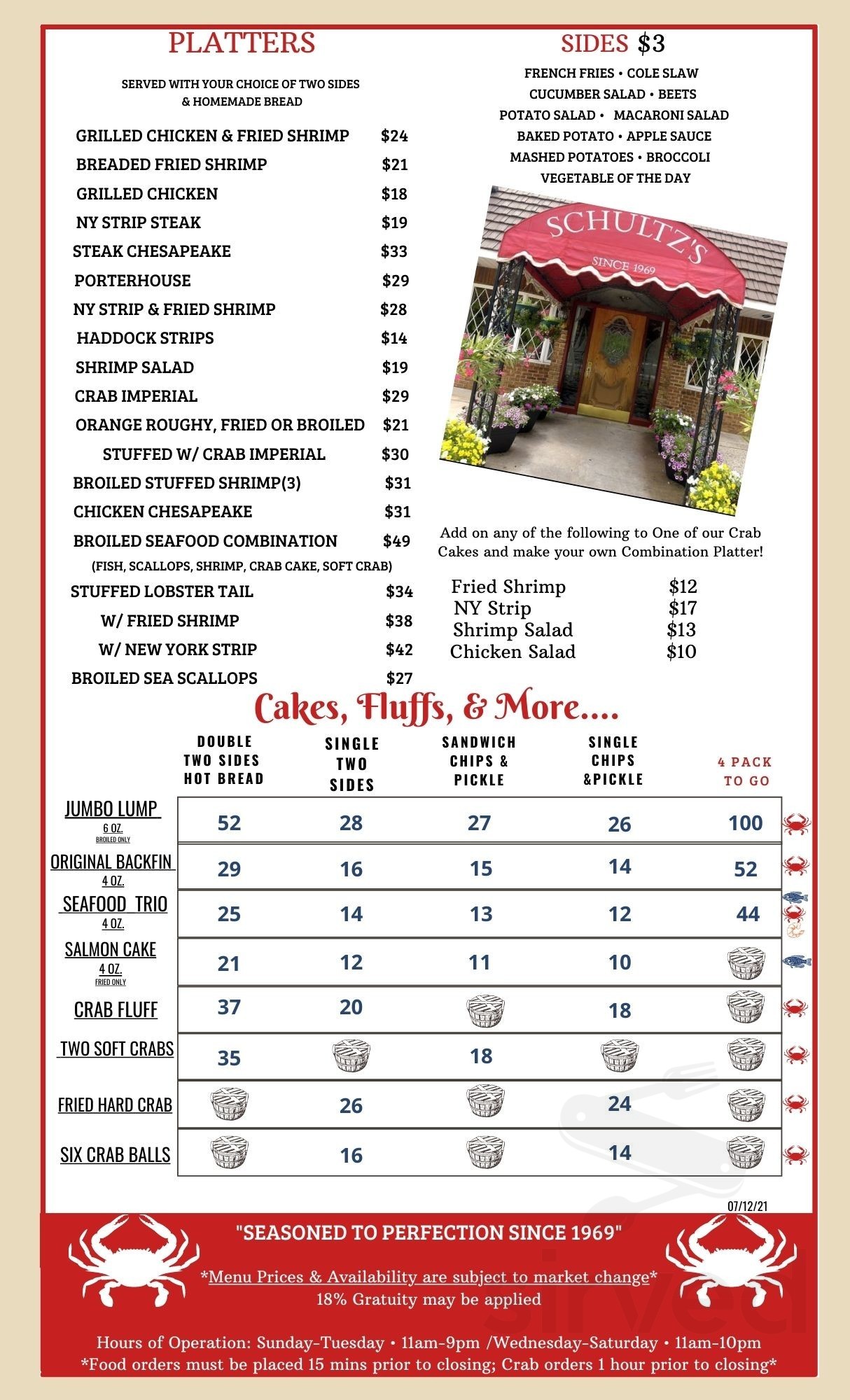 Schultz's Crab House menu in Essex, Maryland, USA