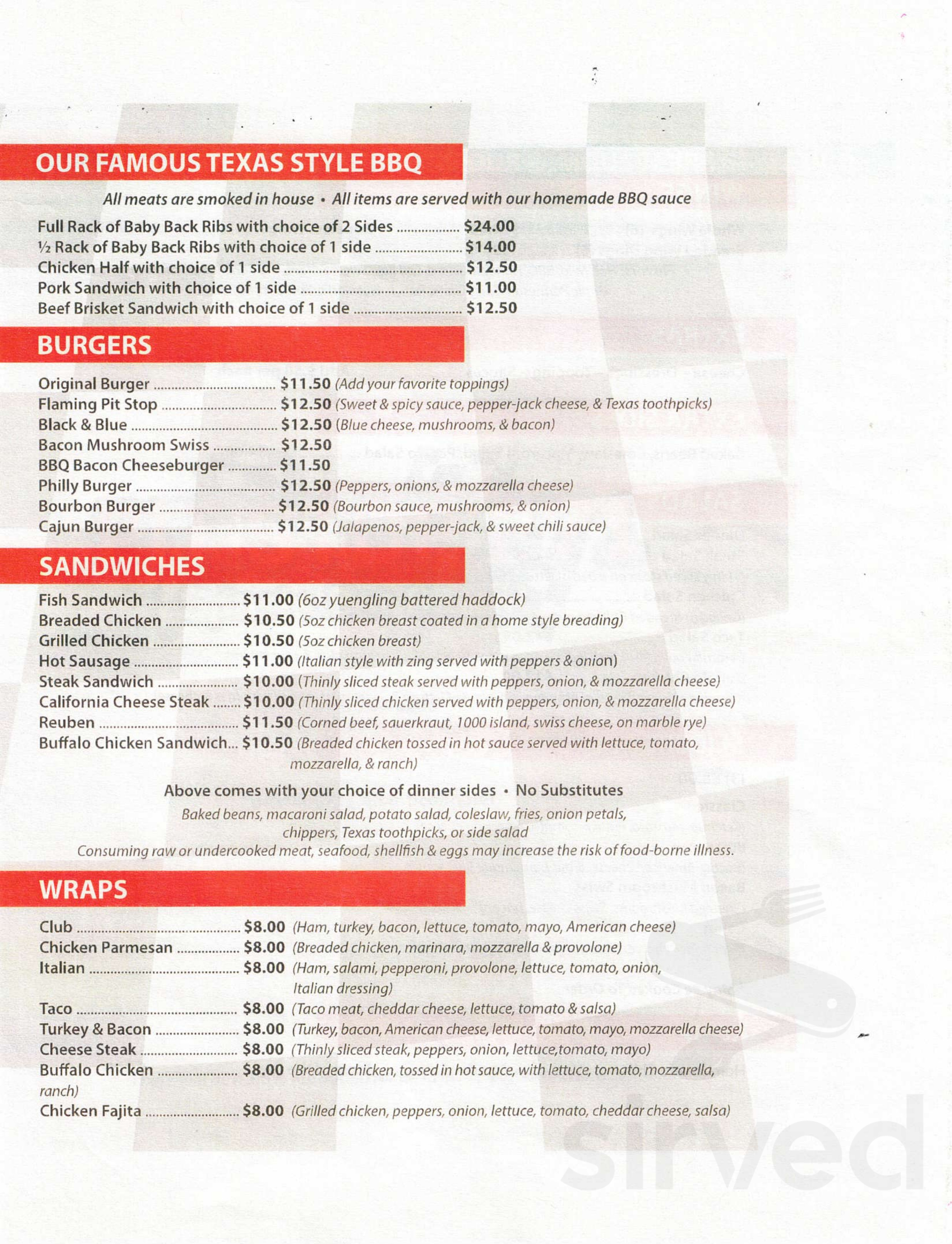 Pit Stop Sports Bar & Grill menu in NantyGlo, Pennsylvania, USA