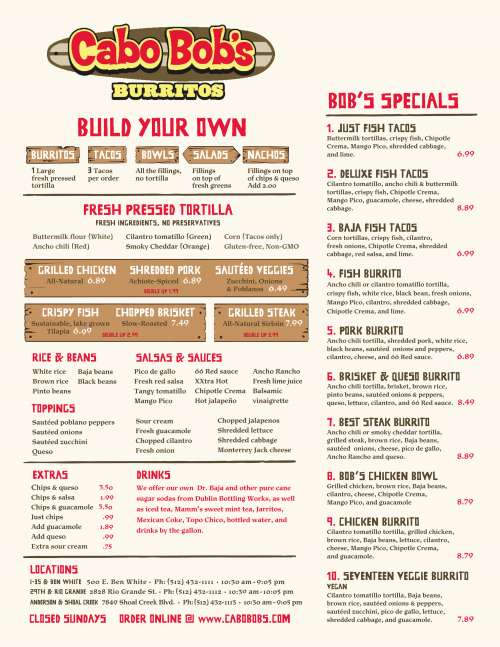 Cabo Bob's Burritos menu in Houston, Texas, USA