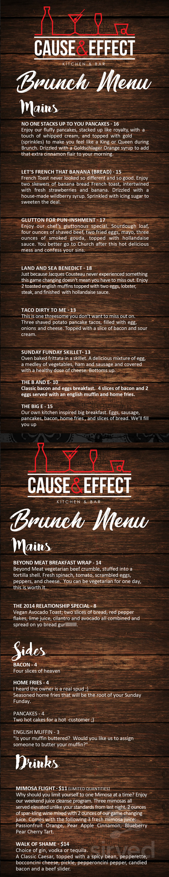 Cause & Effect - Bar & Lounge menu in Hamilton, Ontario, Canada