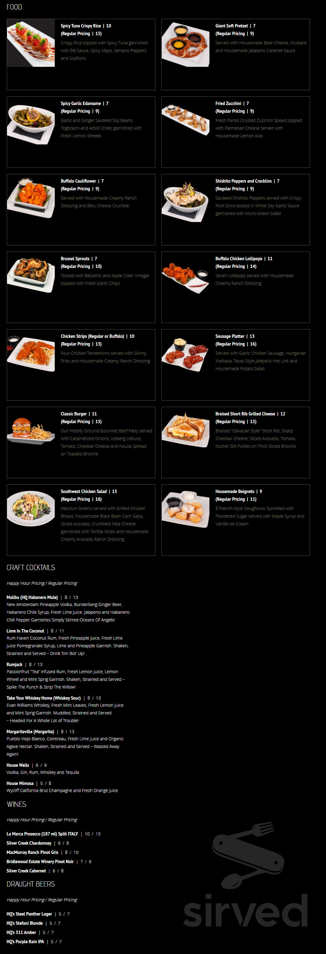 HQ Gastropub - Huntington Beach happy hour menu in Huntington Beach, California