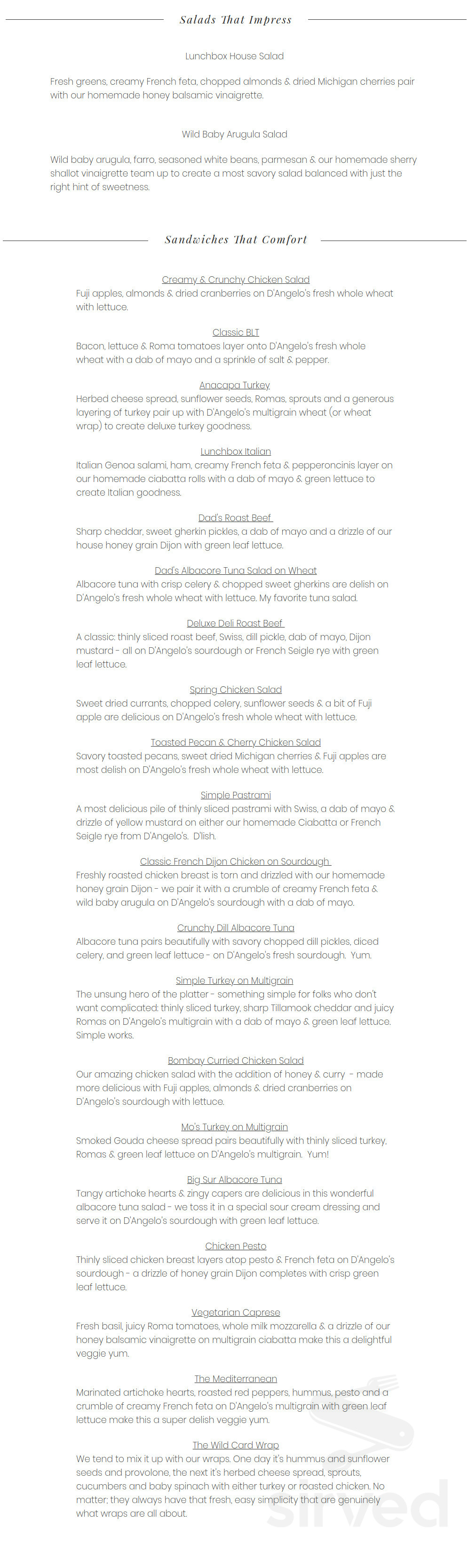 Lunchbox menu in Santa Barbara, California