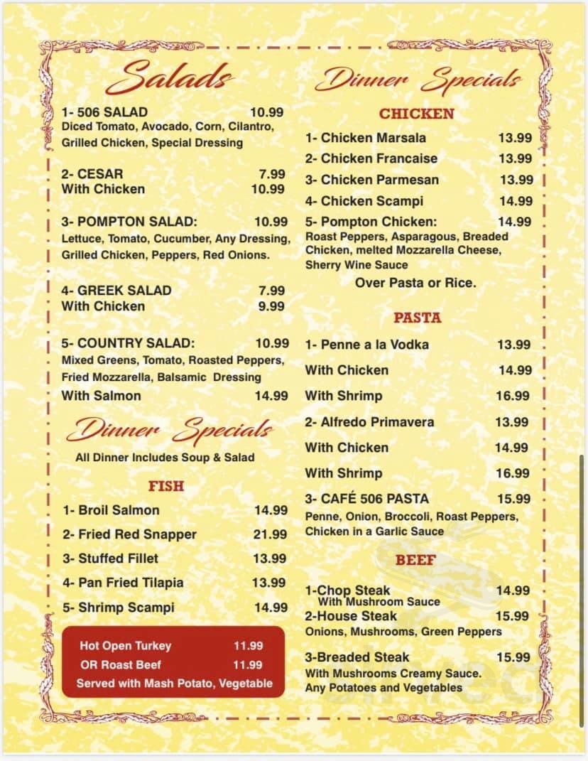 506 Cafe & Diner menu in Pompton Lakes, New Jersey, USA