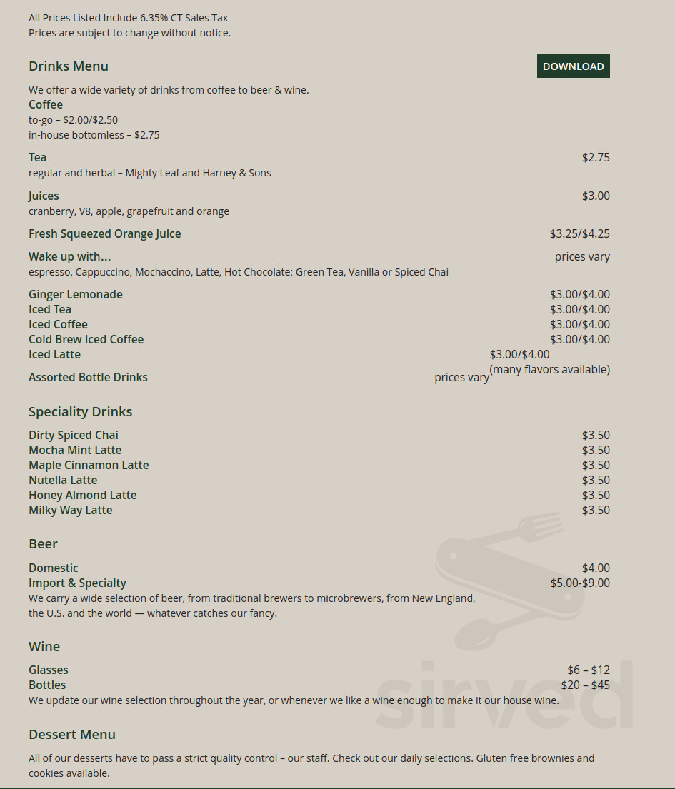 The Vanilla Bean Cafe menu in Pomfret Center, Connecticut, USA