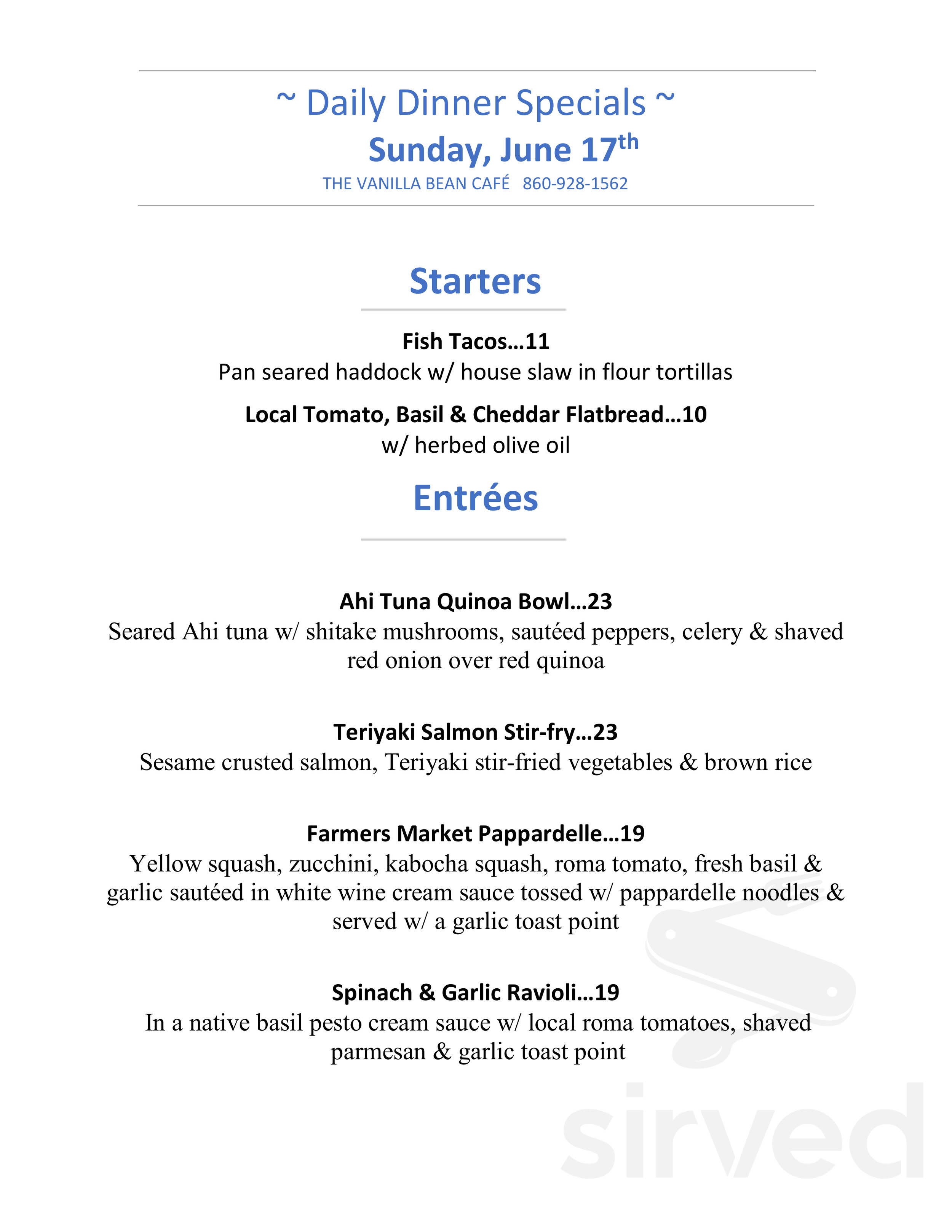 The Vanilla Bean Cafe menu in Pomfret Center, Connecticut, USA