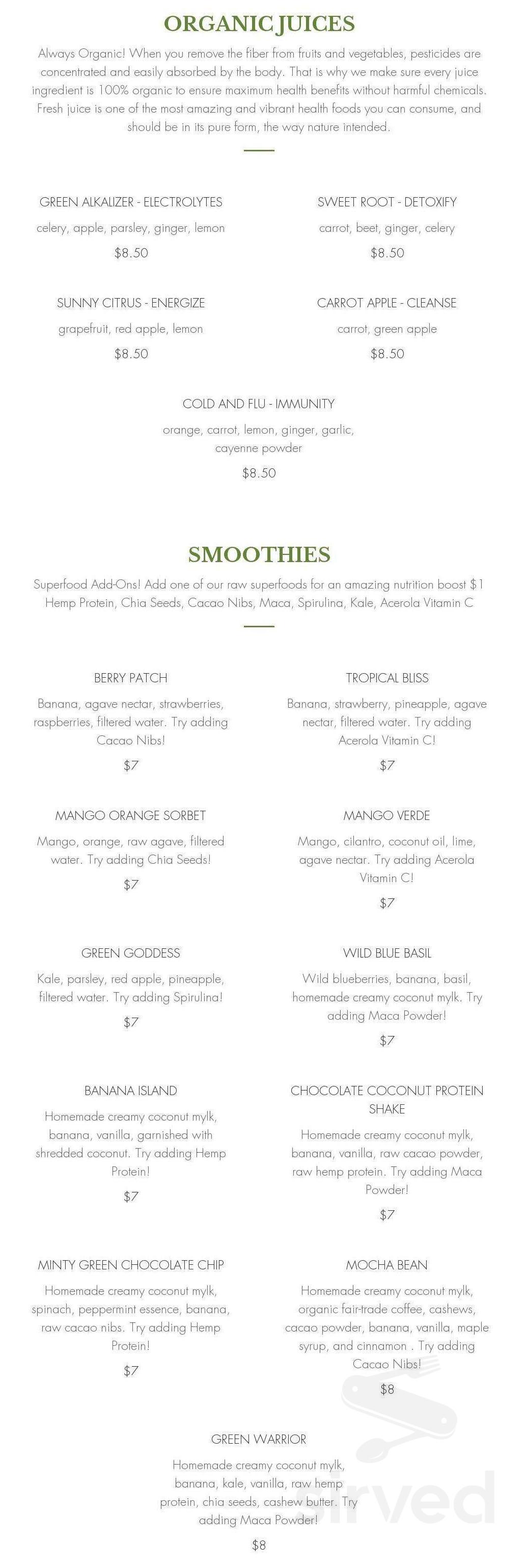 The Food Forest drink menu in Peterborough, Ontario