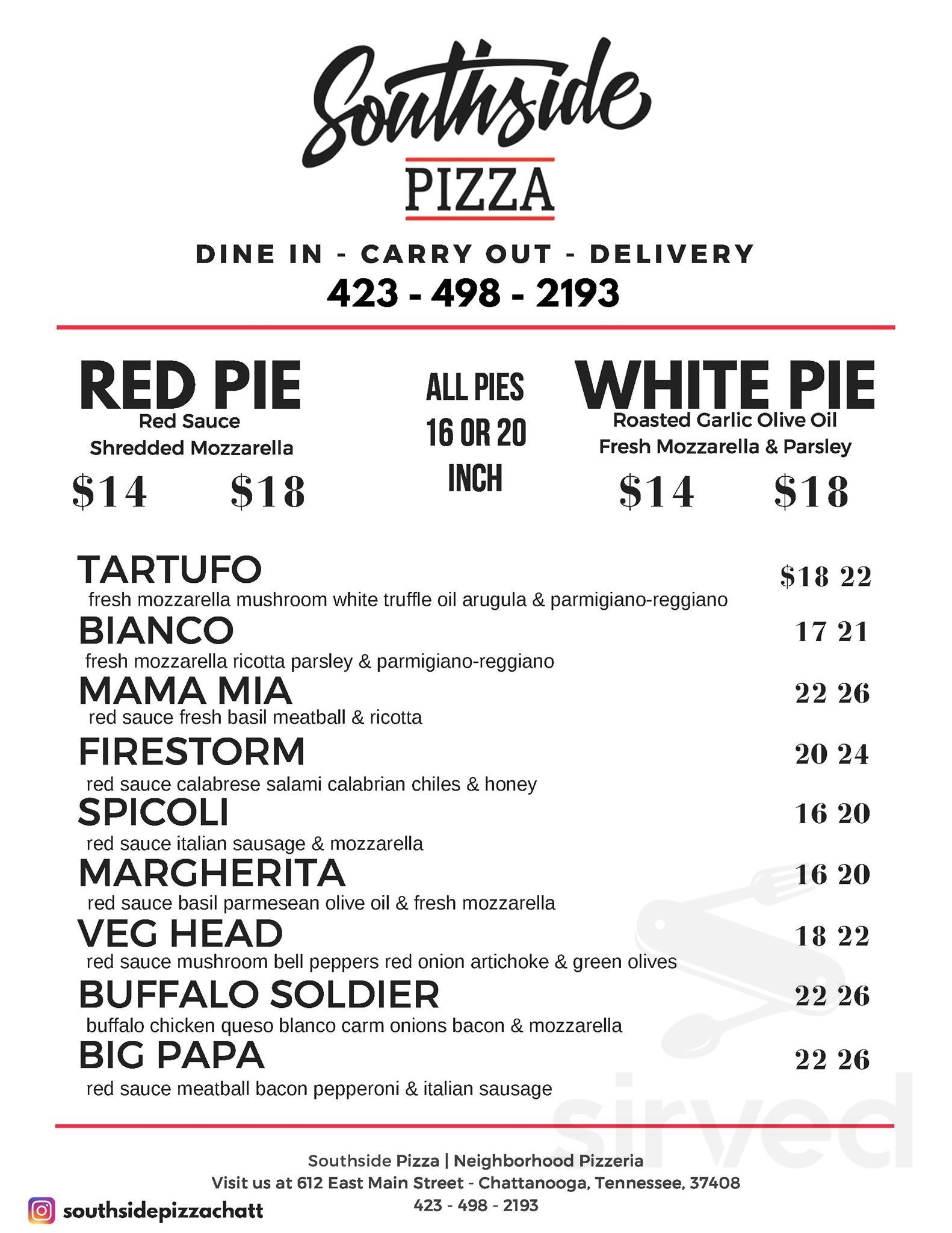 Southside Pizza menu in Chattanooga, Tennessee, USA