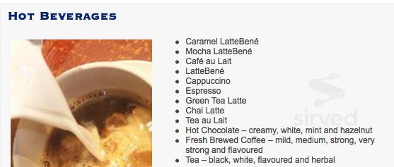 Timothy's World Coffee drink menu in Toronto, Ontario