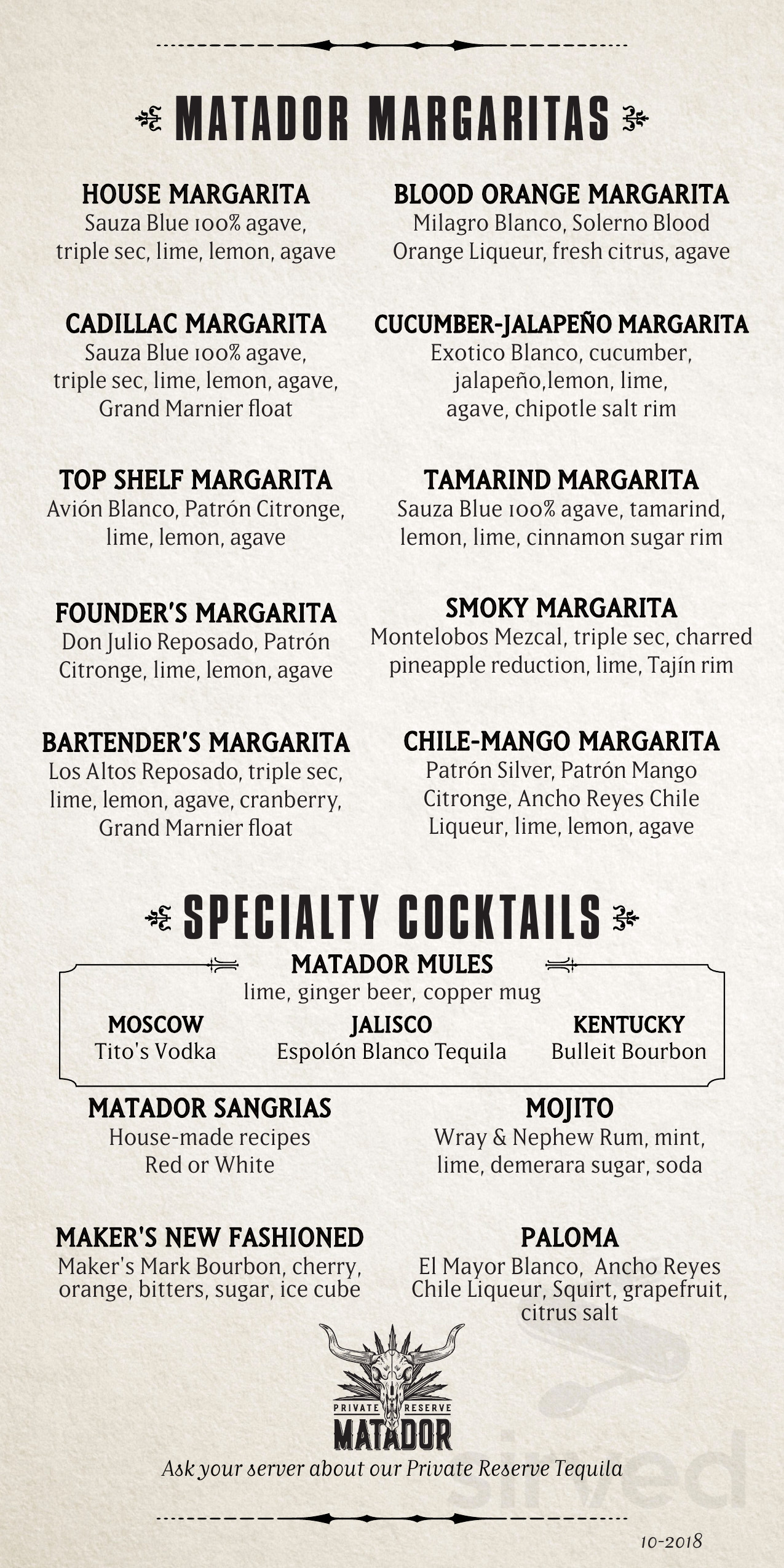 Matador Tacoma menu in Tacoma, Washington, USA