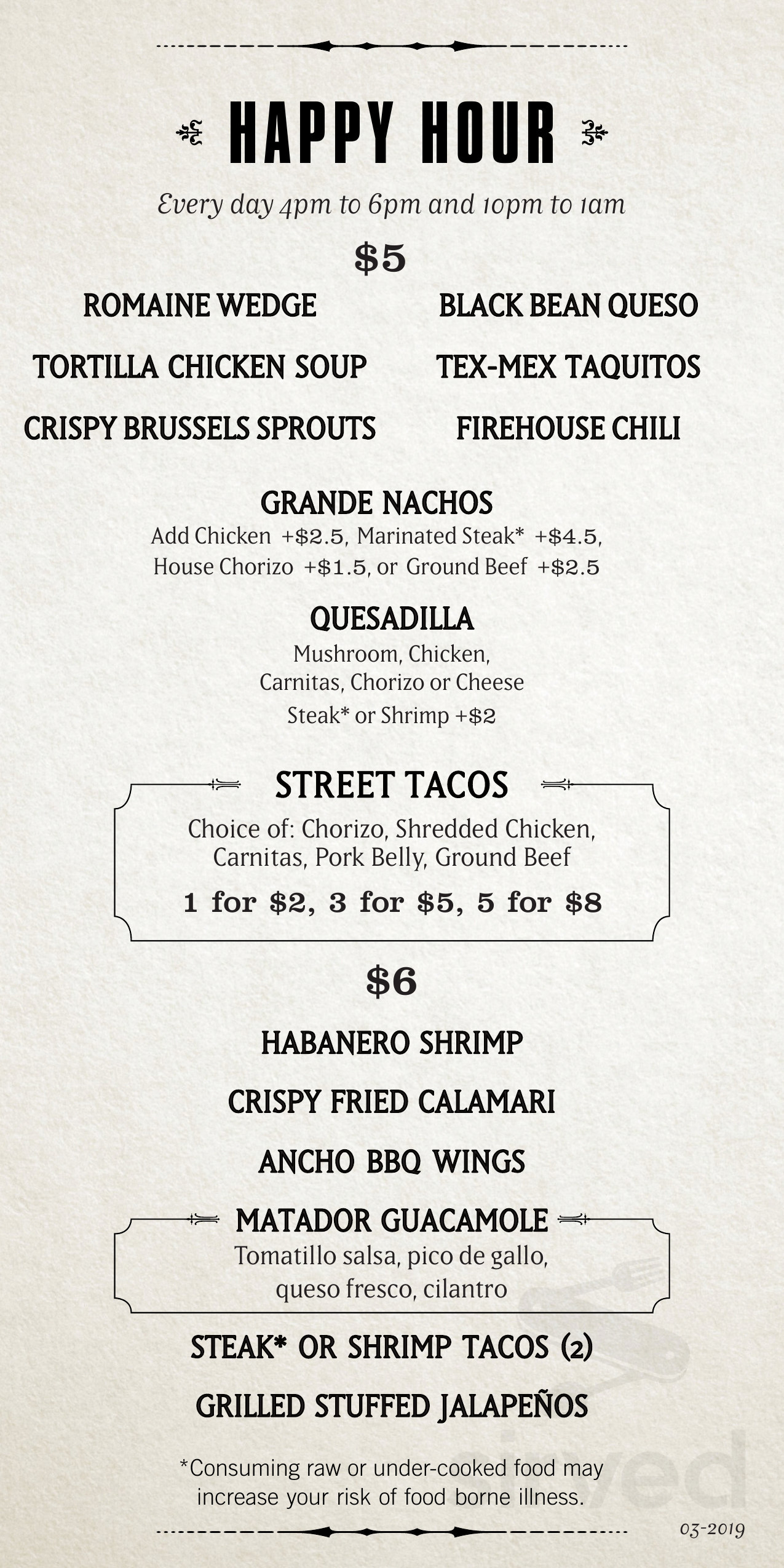 Matador Tacoma menu in Tacoma, Washington, USA