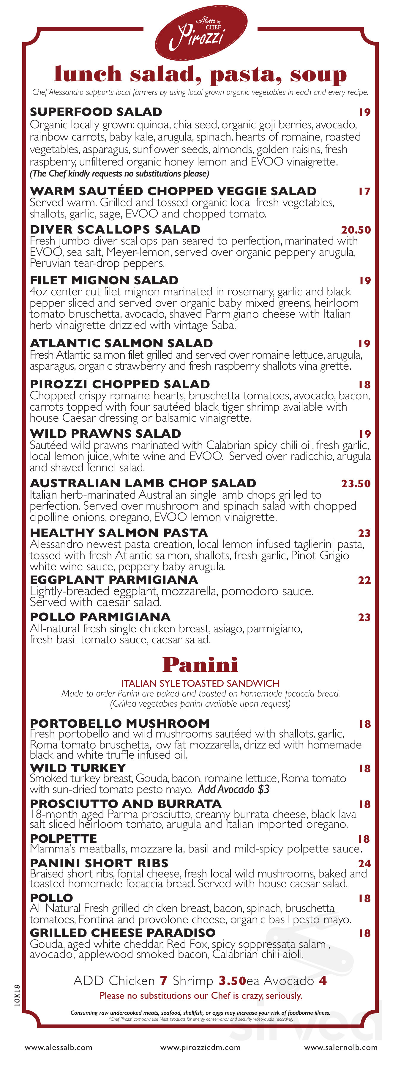Alessa by Chef Pirozzi menu in Laguna Beach, California