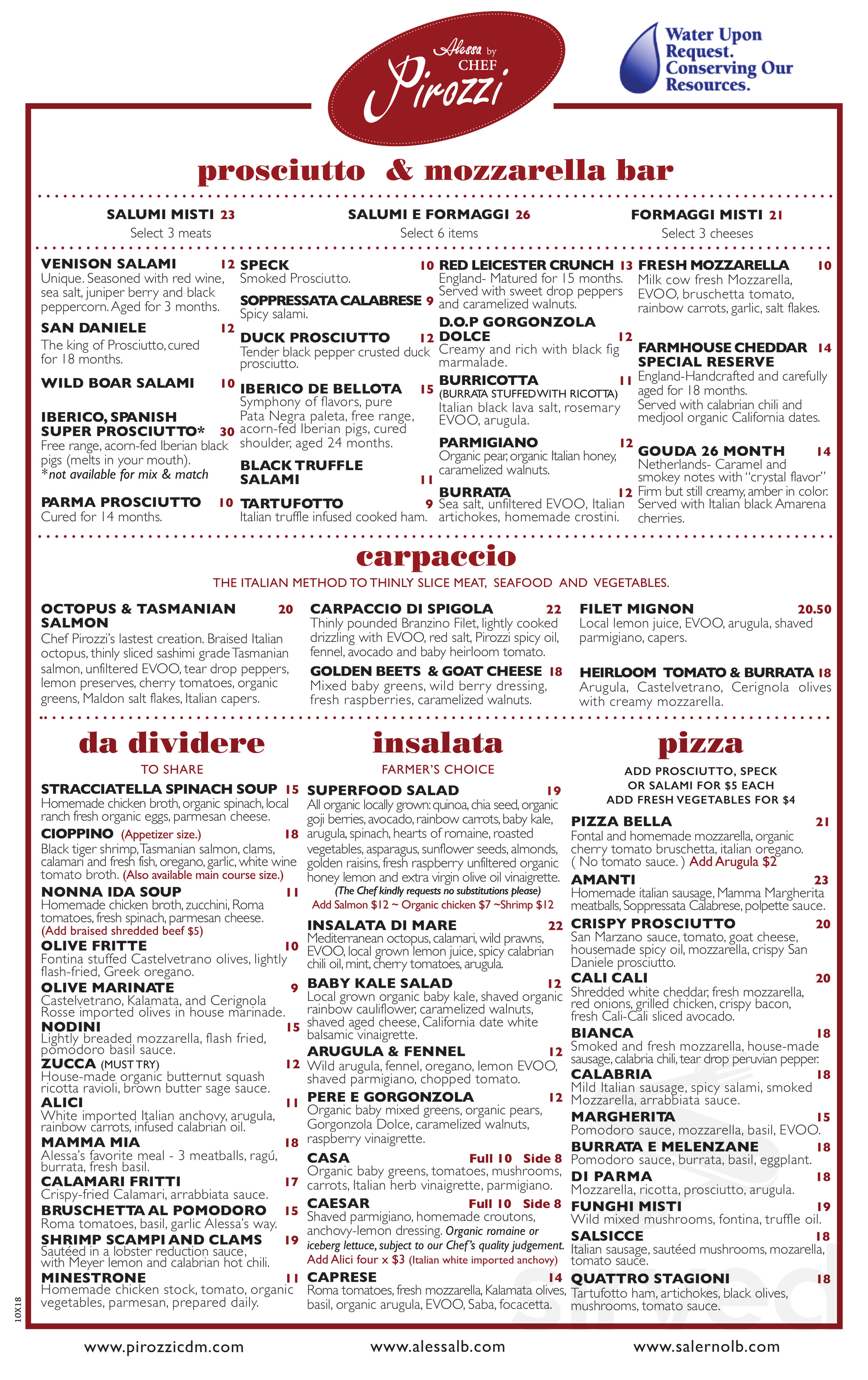 Alessa by Chef Pirozzi menu in Laguna Beach, California