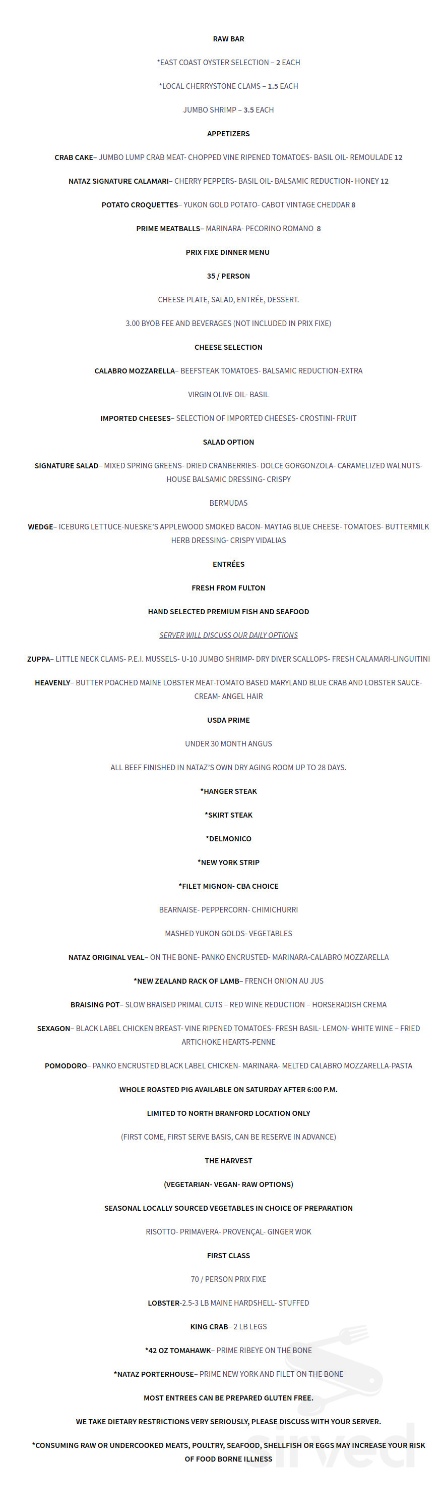 Nataz drink menu in North Branford, Connecticut