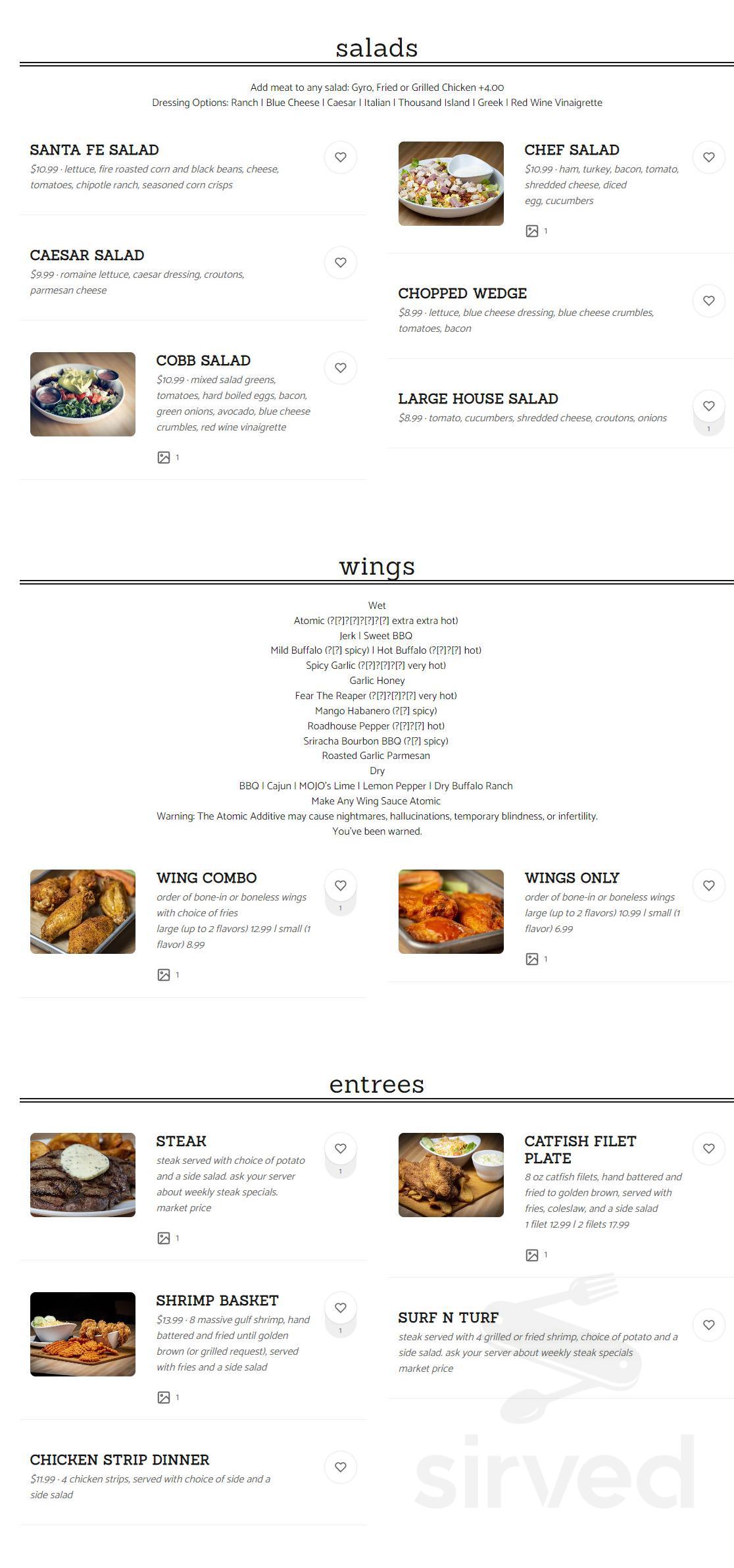 Mojos menu in Dyersburg, Tennessee, USA