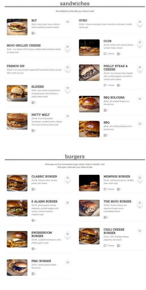 Mojos menu in Dyersburg, Tennessee, USA