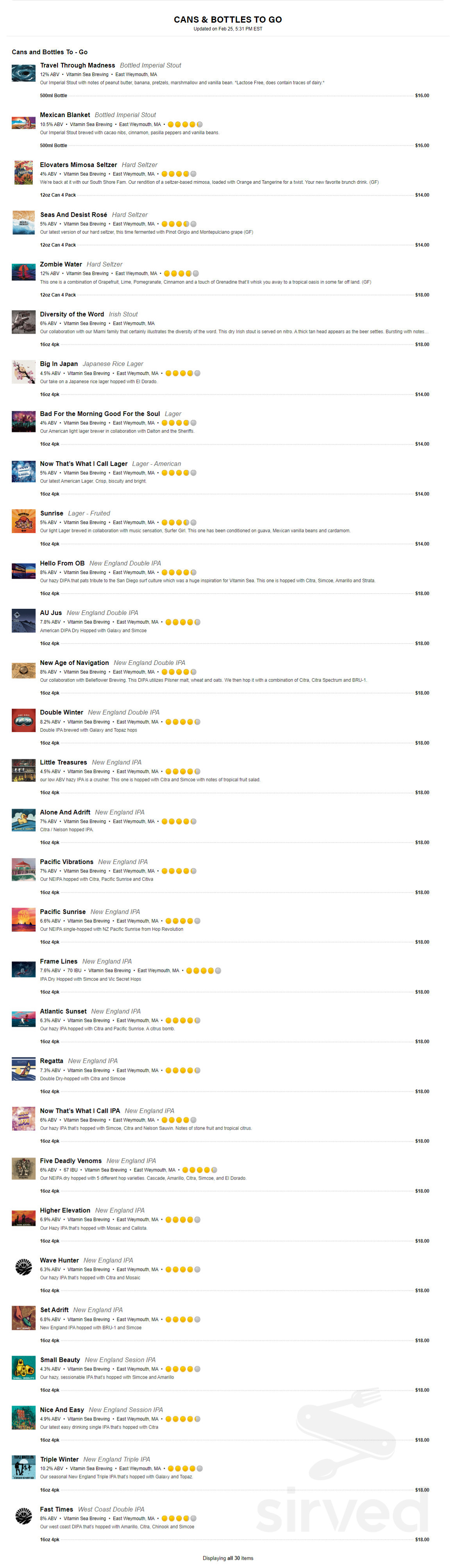 Vitamin Sea Brewing menu in Weymouth, Massachusetts, USA