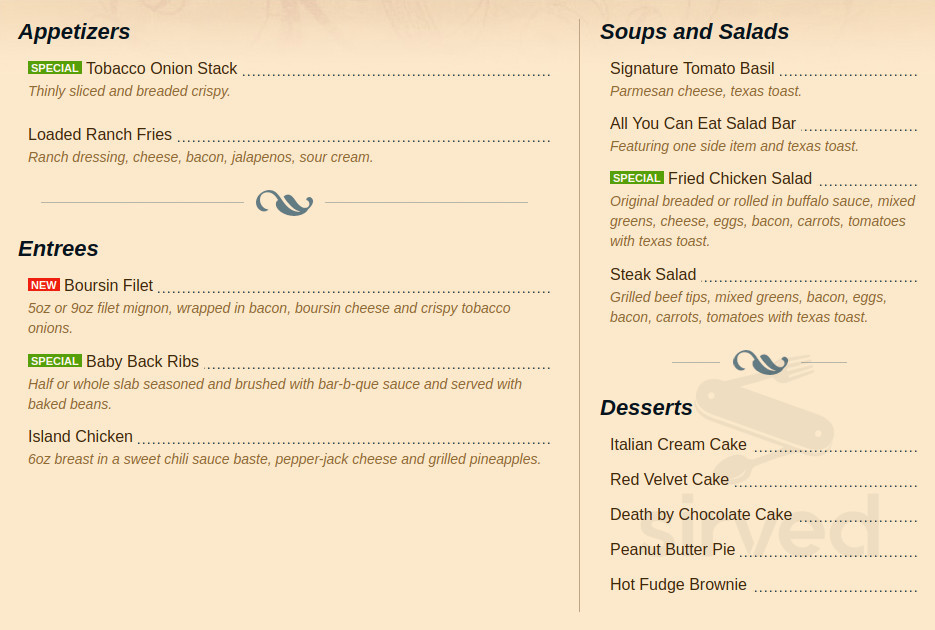Stanfield's menu in Muscle Shoals, Alabama, USA