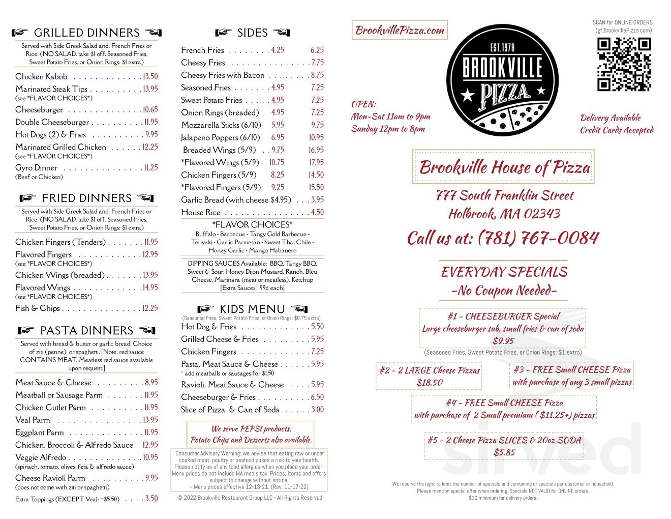 Brookville House of Pizza menu in Holbrook, Massachusetts, USA