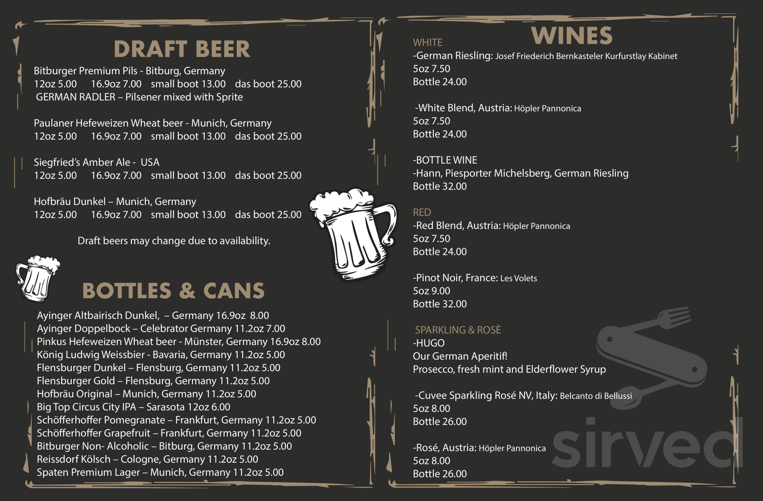 Siegfried's Restaurant and German Biergarten menu in Sarasota, Florida, USA