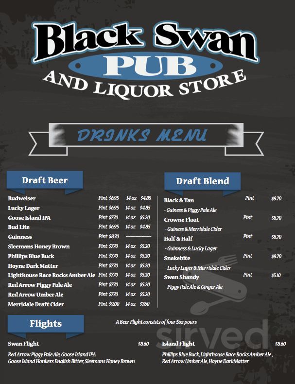 Black Swan Pub & Liquor Store drink menu in Shawnigan Lake, British Columbia