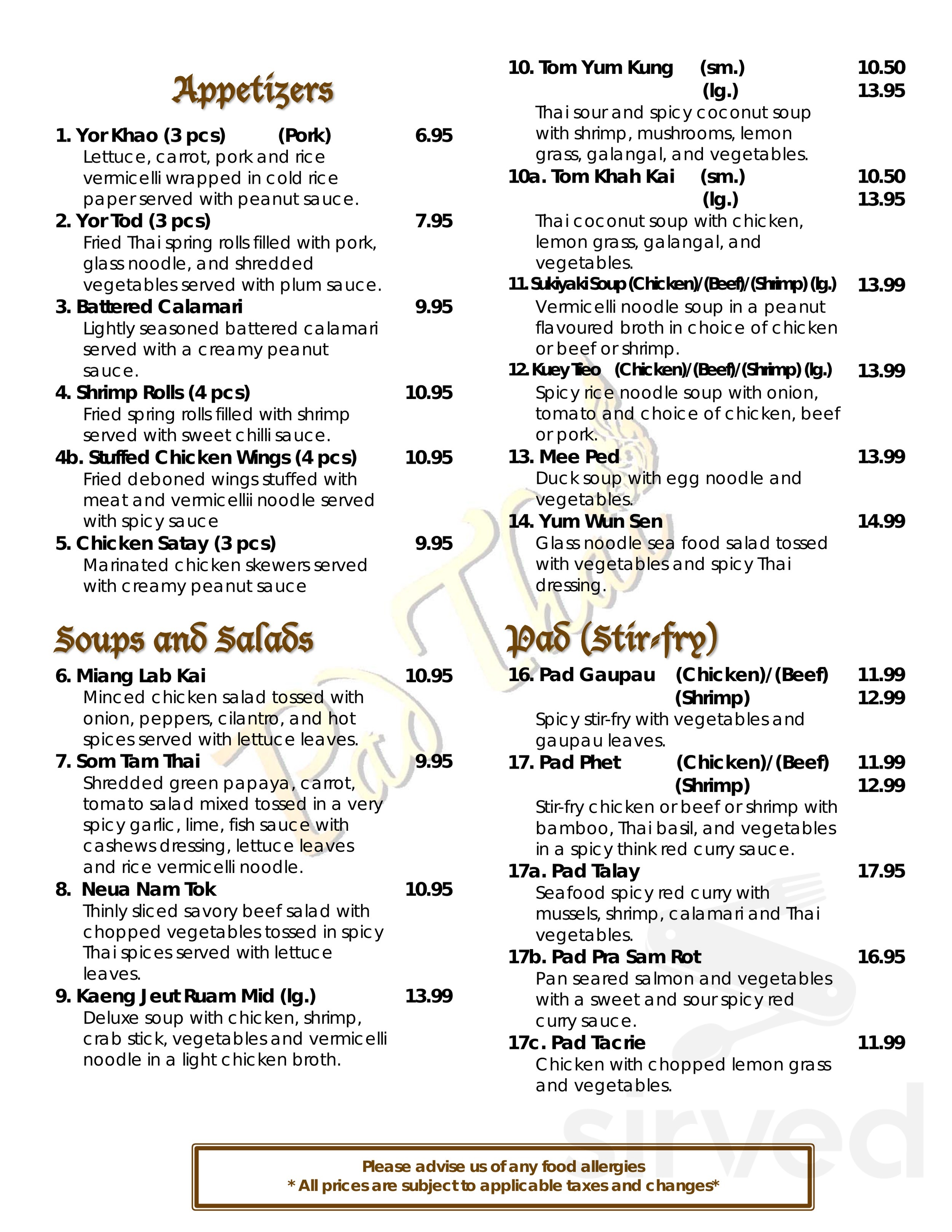 Pad Thai menu in Winnipeg, Manitoba, Canada
