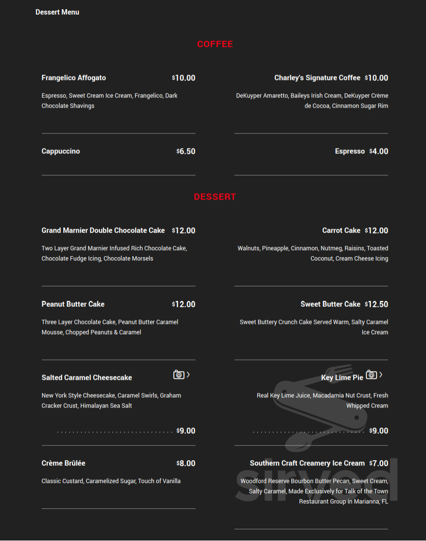 Menu Kissimmee FL's Charley's Steak House Sirved