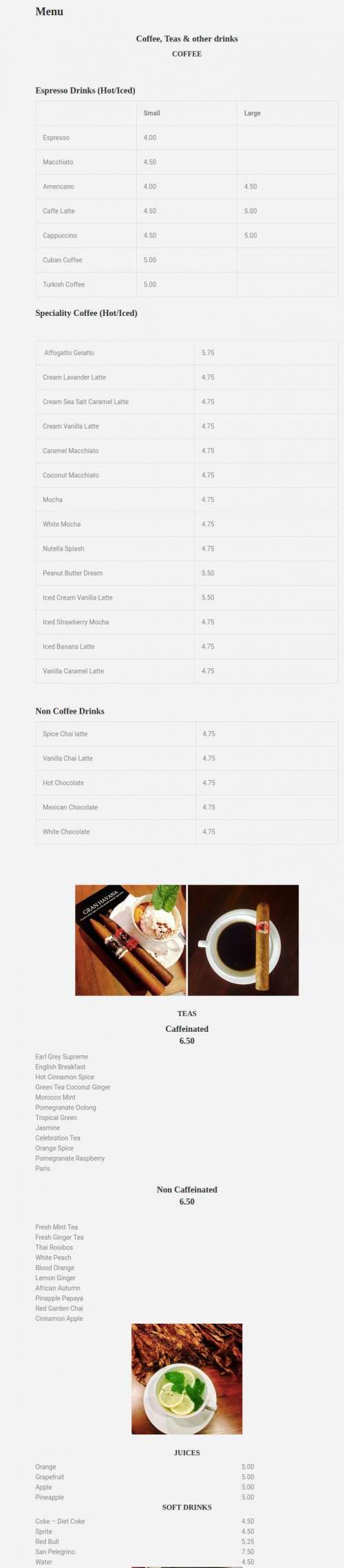 Gran Havana Cigar & Hookah Lounge menu in San Diego, California, USA