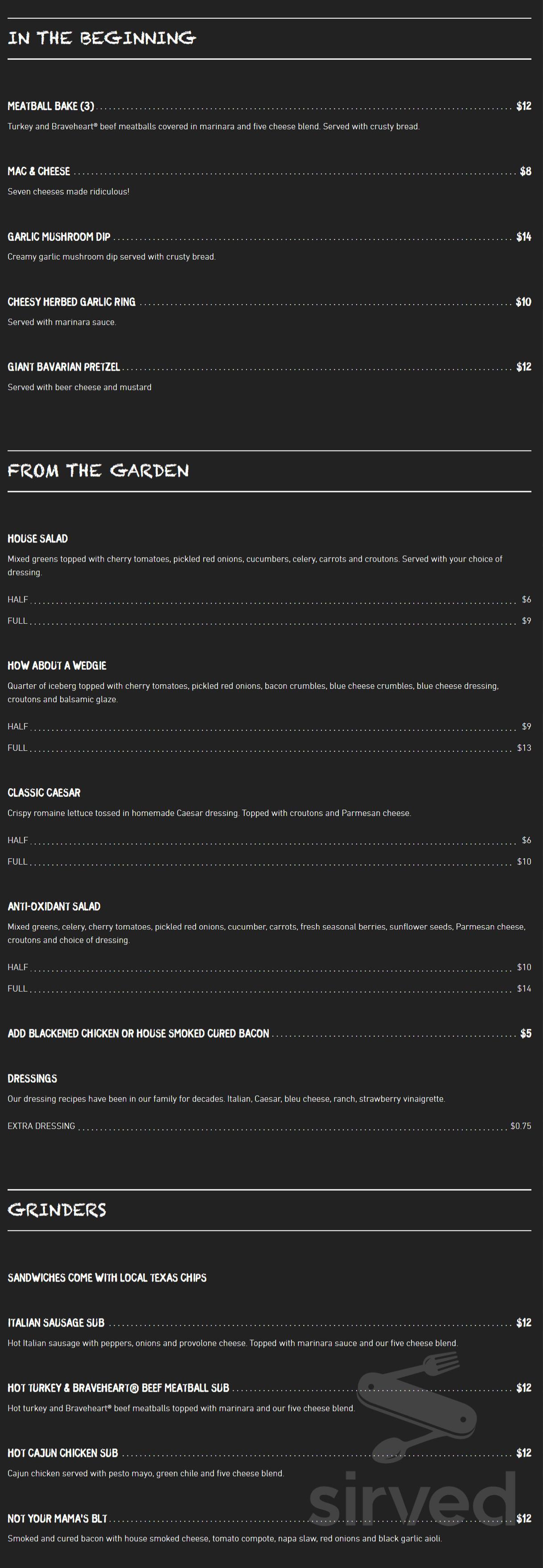 Above Ground Pizza menu in New Braunfels, Texas, USA