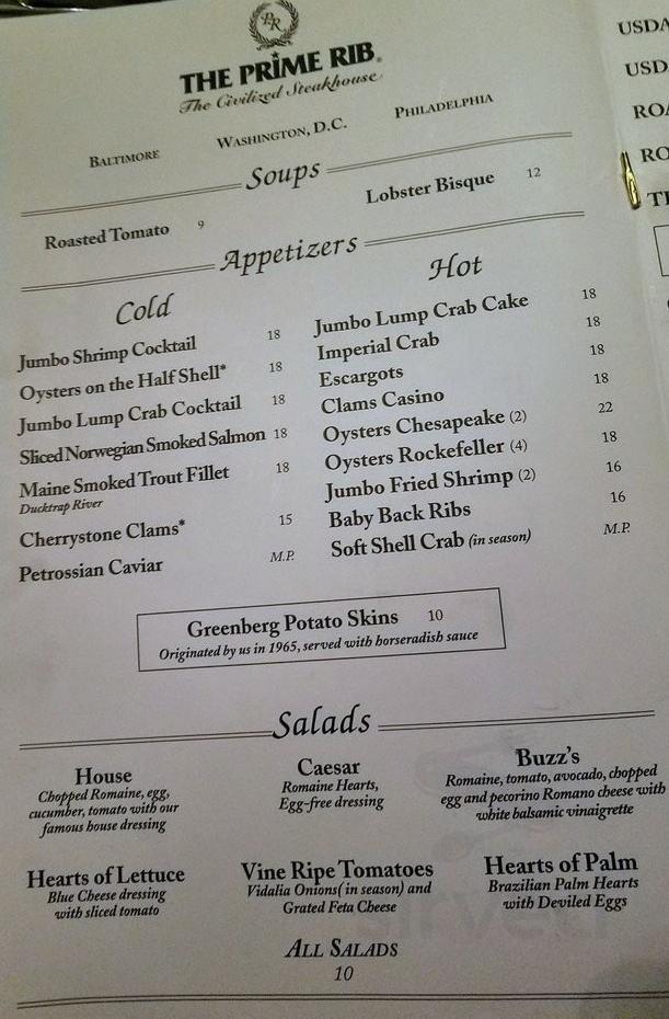 Menu - Baltimore MD's The Prime Rib | Sirved
