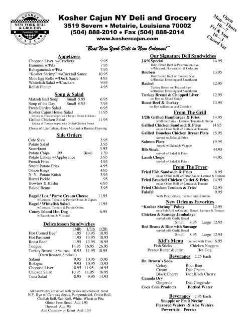 Kosher Cajun NY Deli & Grocery menu in Metairie, Louisiana, USA