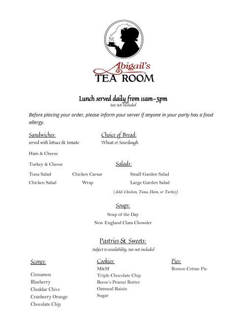 Abigail's Tea Room menu in Boston, Massachusetts, USA