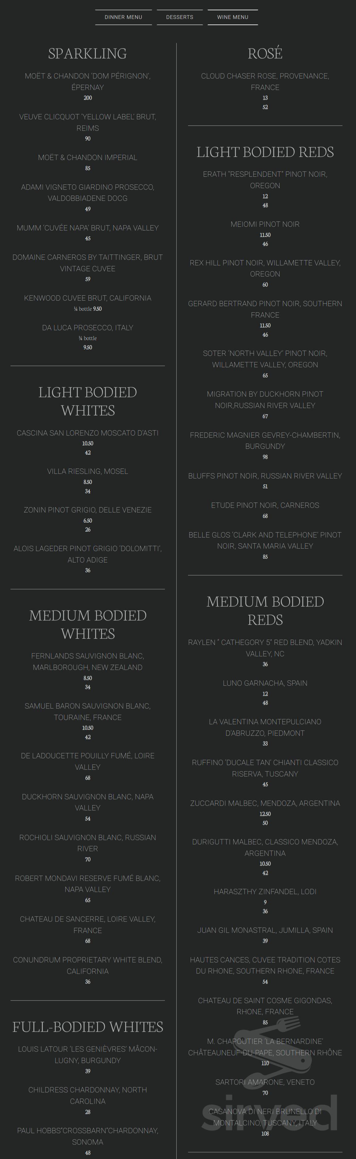 Bernardin's Restaurant At Ratcliffe menus in Charlotte, North Carolina