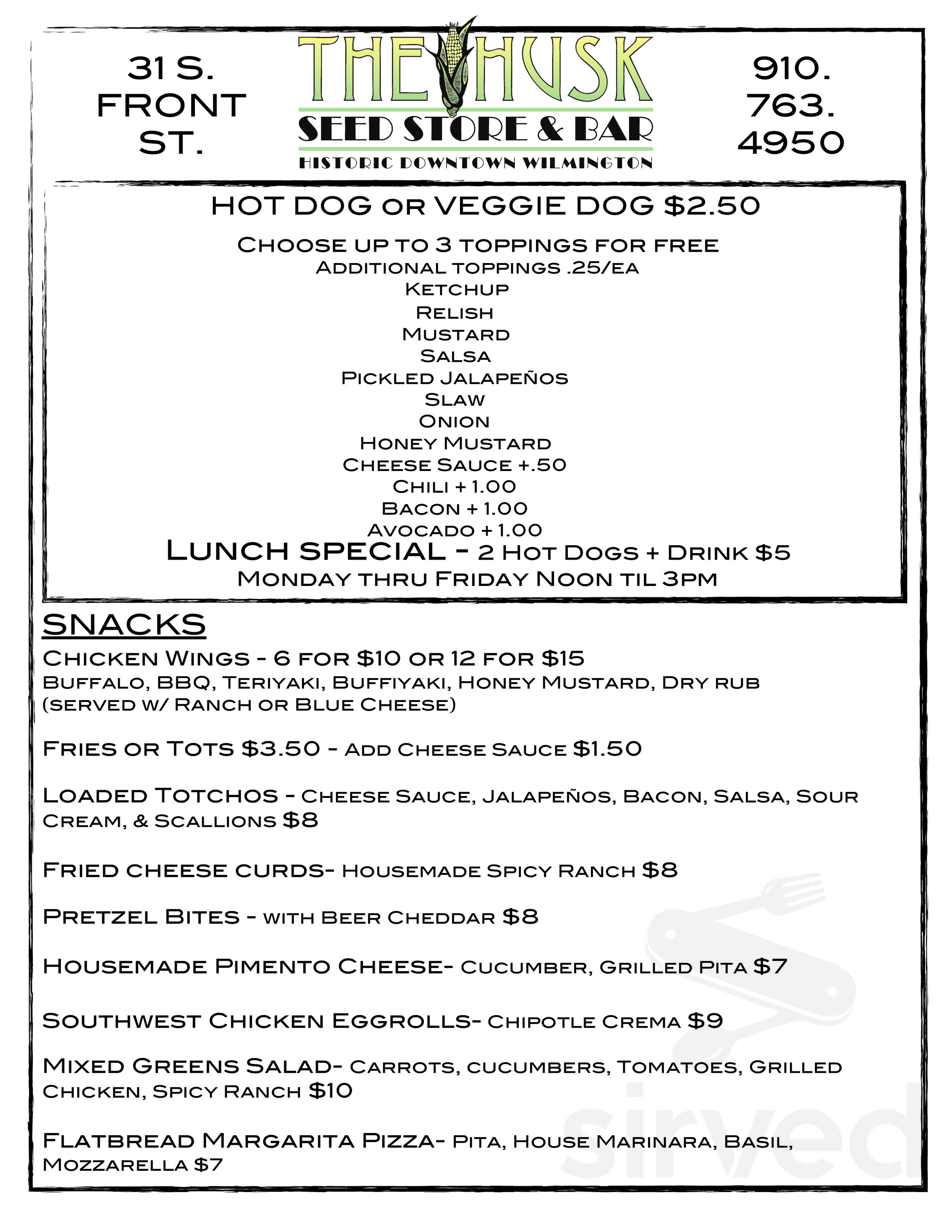 Menu Wilmington NC's The Husk Sirved