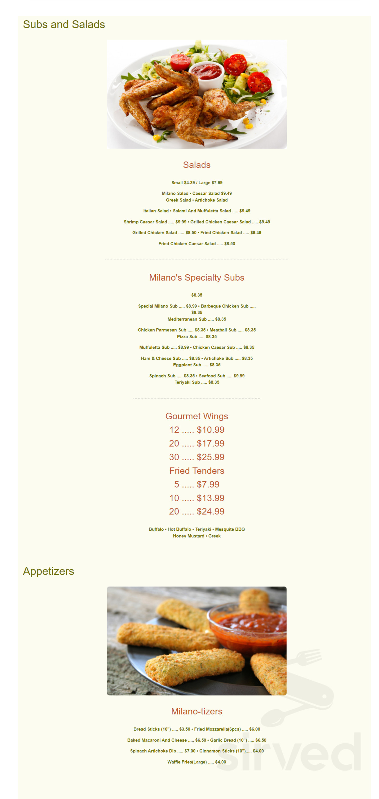 Menu for Milano Pizzeria in Metairie, Louisiana, United States