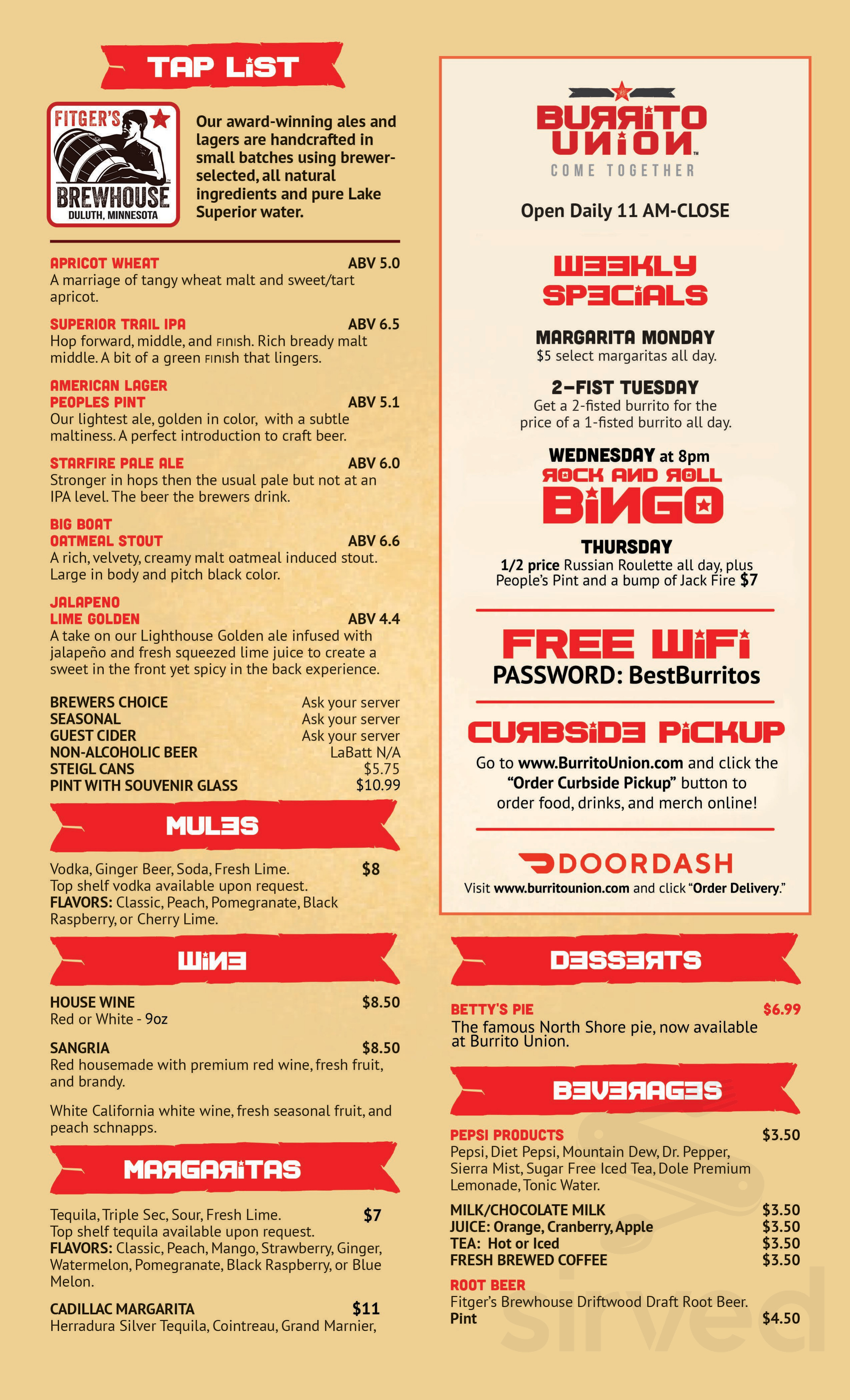Burrito Union menu in Duluth, Minnesota