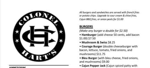 Menu for Colonel Hart's in Wauwatosa, WI | Sirved