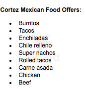 Cortez Mexican Food menu in Bonsall, California