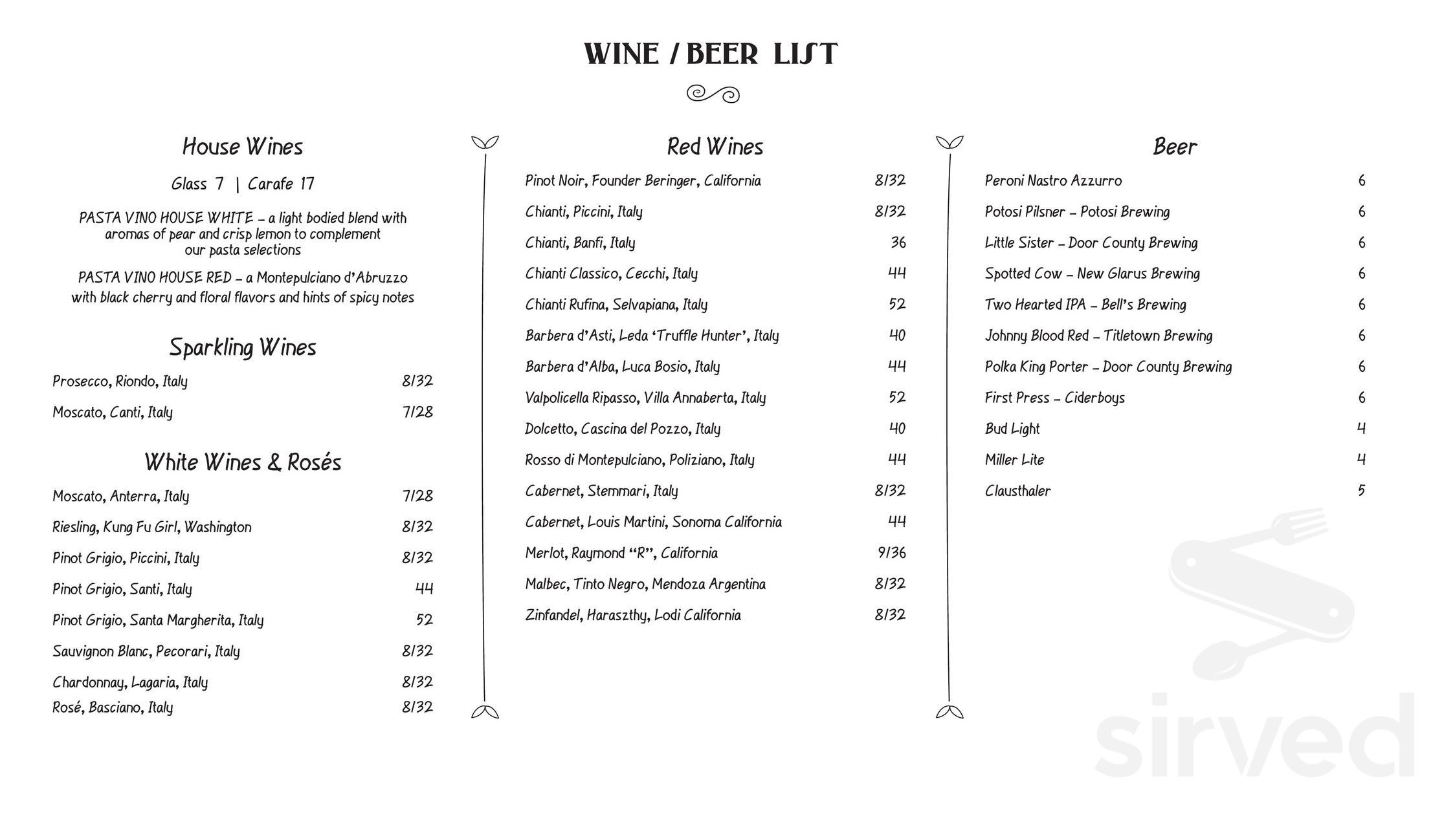 Menu for Pasta Vino in Sister Bay, WI | Sirved