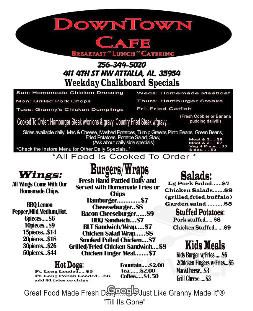 Downtown Cafe menu in Attalla, Alabama, USA