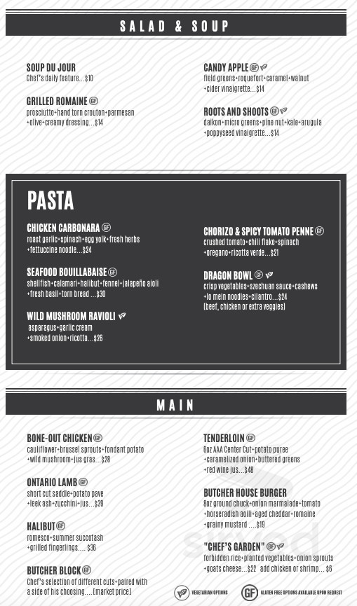 The Martini House menu in Burlington, Ontario, Canada