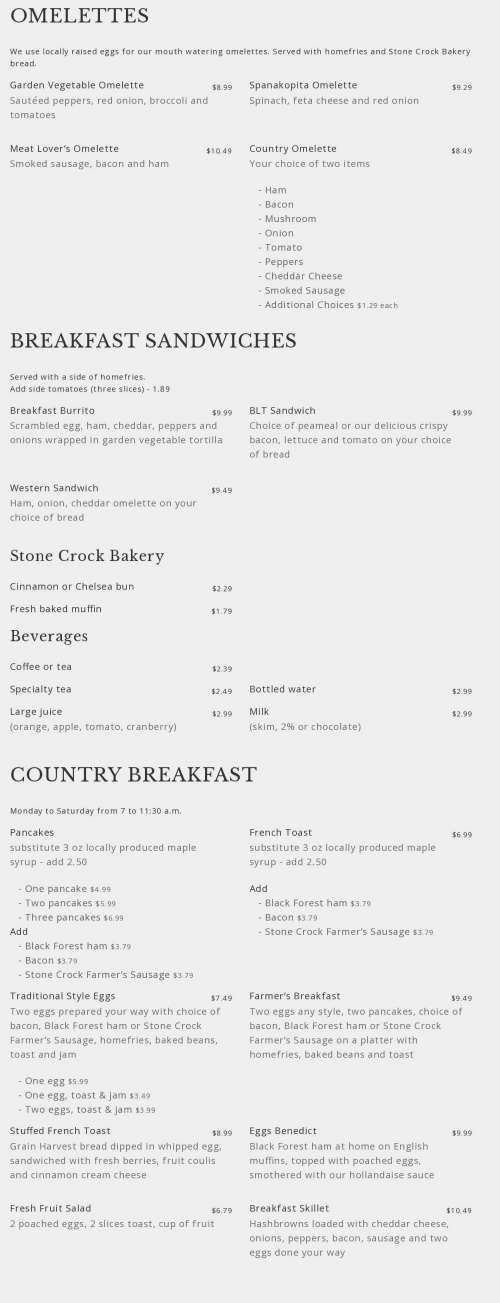 Stone Crock Restaurant menu in St. Jacobs, Ontario, Canada