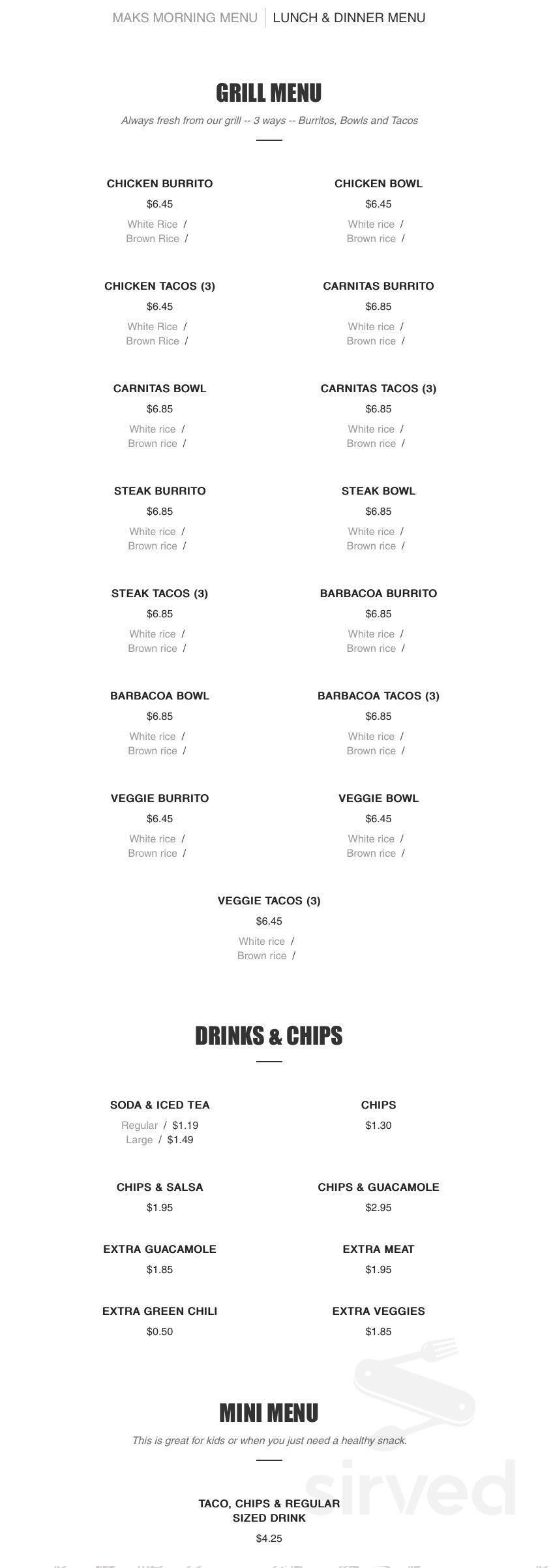 MAKS menu in Pueblo, Colorado, USA