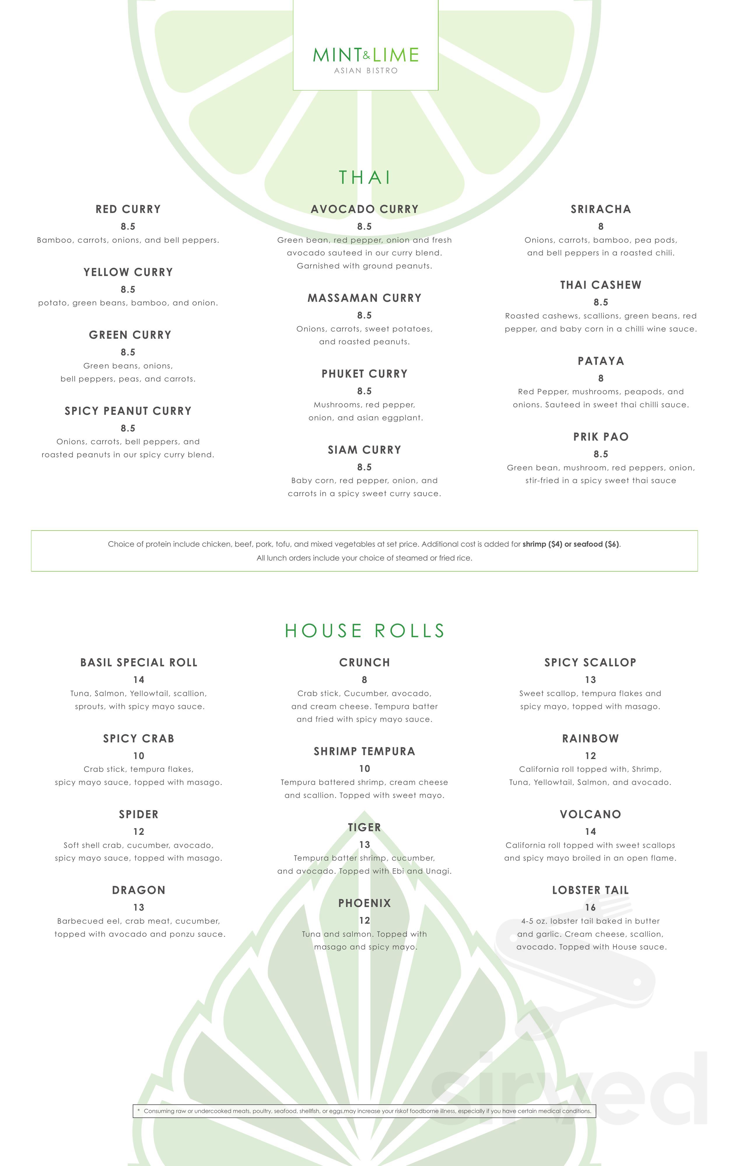 Mint & Lime Asian Bistro menu in Canton, Ohio, USA