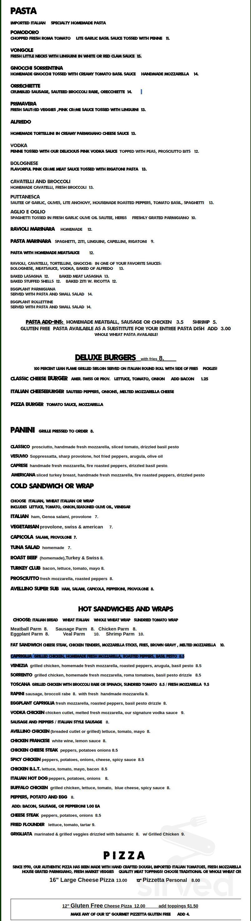 Avellino Wood Fired Brick Oven menu in East Hanover, New Jersey, USA