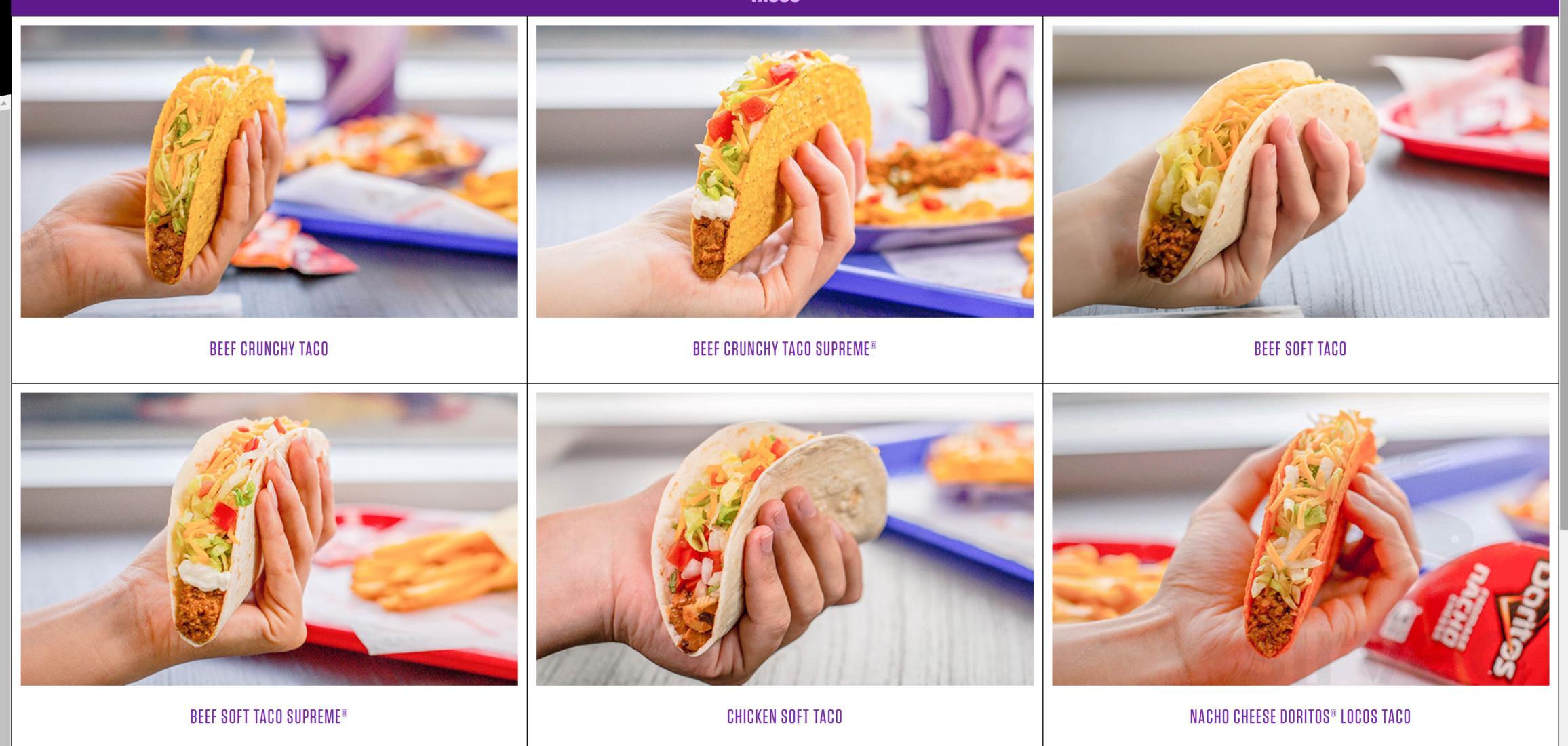 Taco Bell menu in Canton, Connecticut