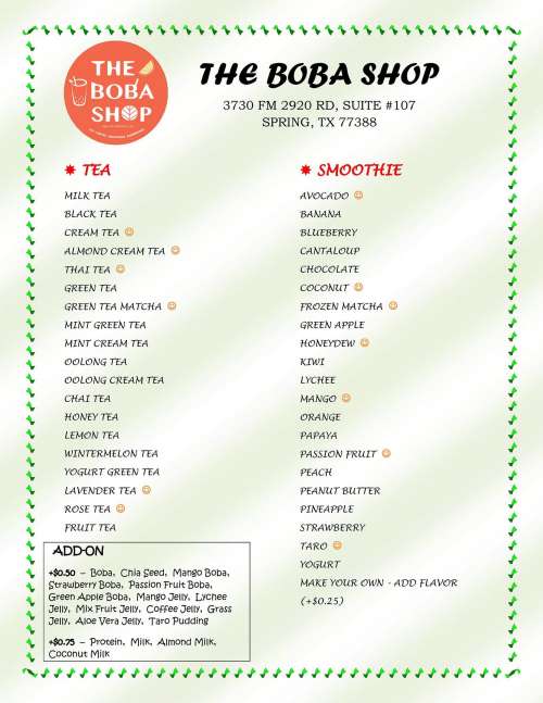 The Boba Shop menu in Spring, Texas, USA