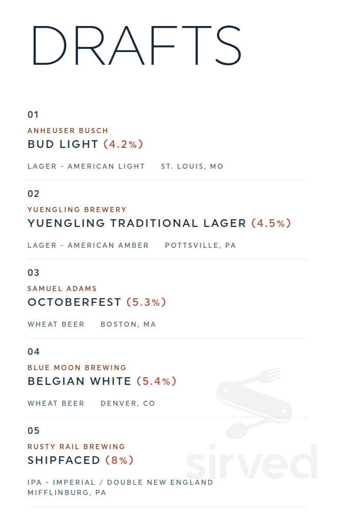 Oliver's Beer Garden menu in Erie, Pennsylvania, USA