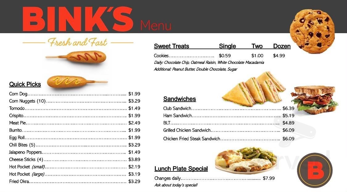 Menu for Bink's Carthage Quick Stop in Carthage, TX | Sirved