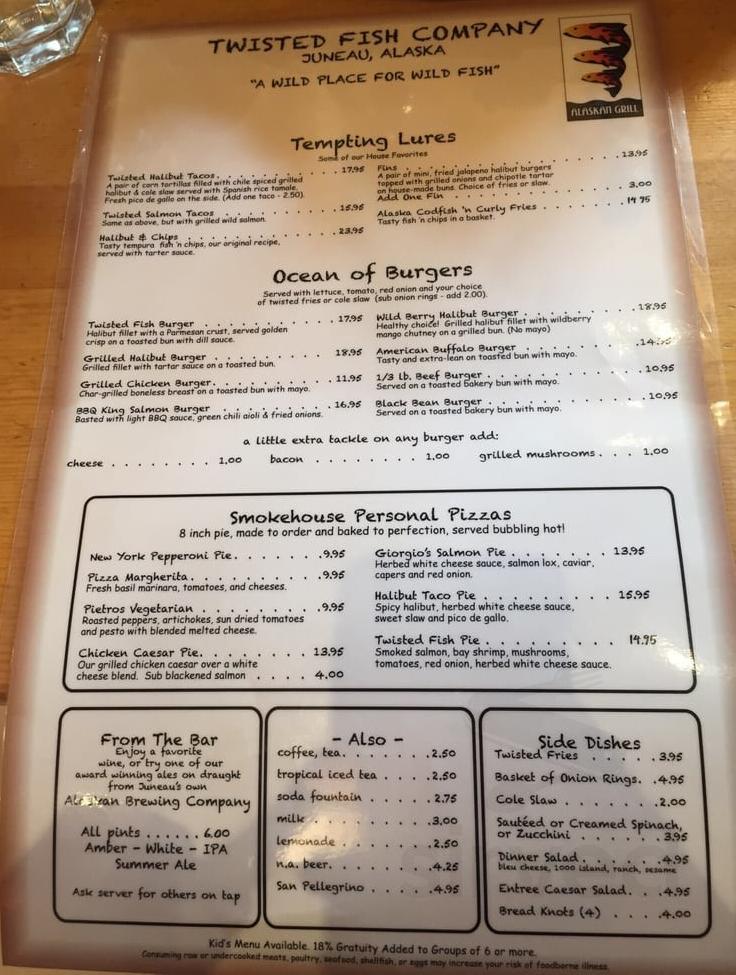 Twisted Fish Company Alaskan Grill menu in Juneau, Alaska, USA