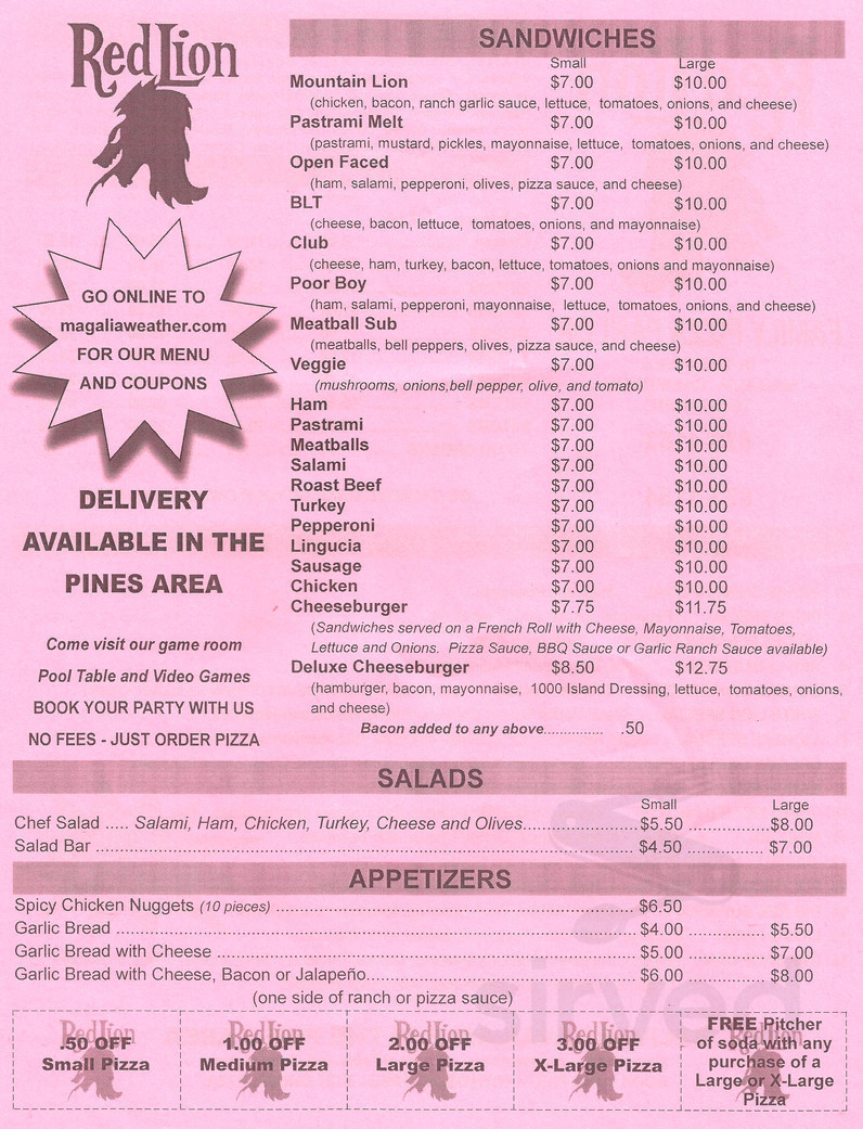 Red Lion Pizza menu in Magalia, California, USA